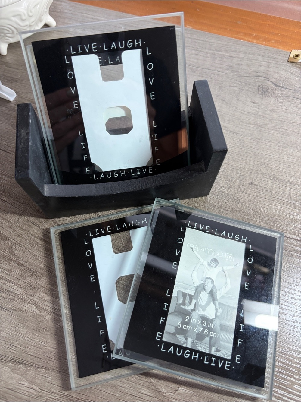 Live Laugh Love Glass Photo Coaster Set with Black Wood Holder